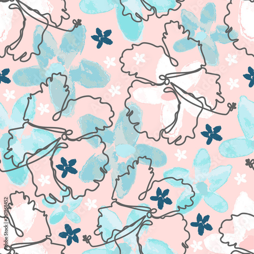 floral seamless pattern with hand drawn watercolor flowers and line art style flowers