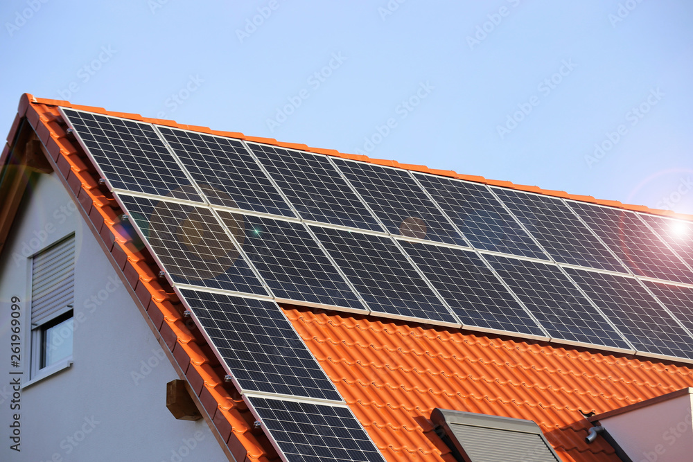 Roof with solar panels - obrazy, fototapety, plakaty 