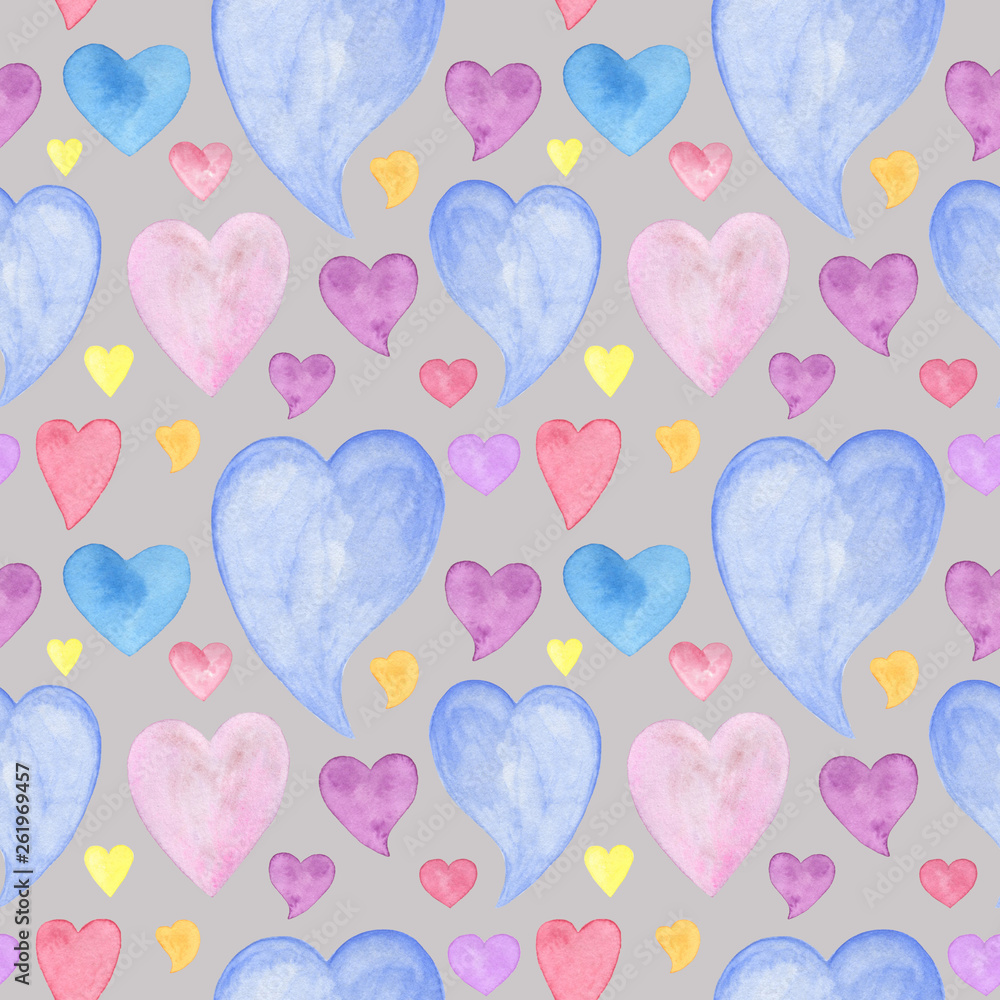Watercolor hand drawn heart set of different colors, isolated objects on the light grey background