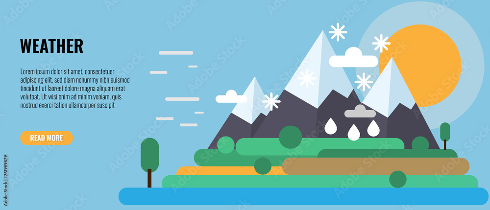 Four seasons in one Landscape. Winter, snow, spring, rain, autumn, summer, wind and sunny weather on Mountain. Vector illustration. Four seasons in one Landscape. Winter, snow, spring, rain, autumn, summer, wind and sunny weather on Mountain. Vector illustration.