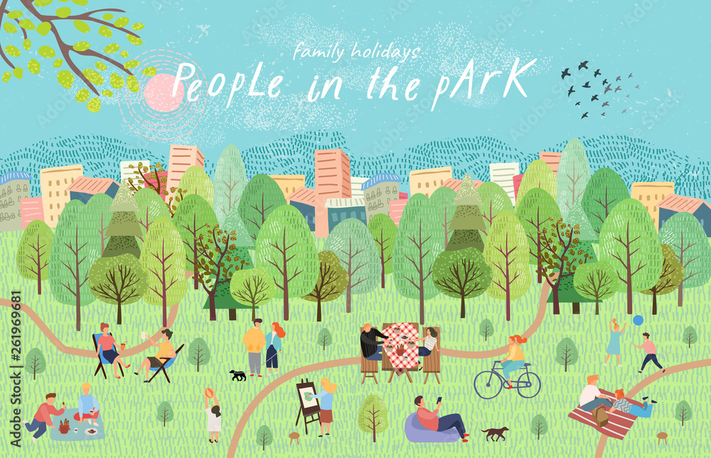 People in the park. Vector illustration of people having a rest on a picnic  in nature.
