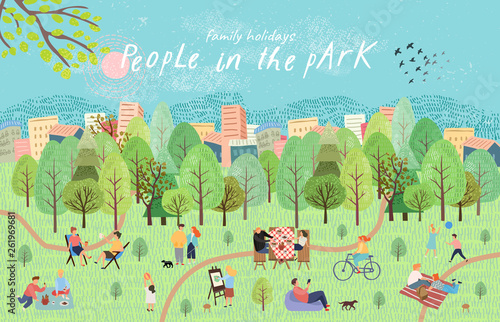 Fototapeta Naklejka Na Ścianę i Meble -  People in the park. Vector illustration of people having a rest on a picnic in nature. Drawing by hand active family weekend in the forest by the lake with a barbecue, children's games, walks.Top view