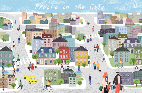 People in the city. Cute cityscape vector illustration with people, cars, houses and trees. Urban panorama drawing