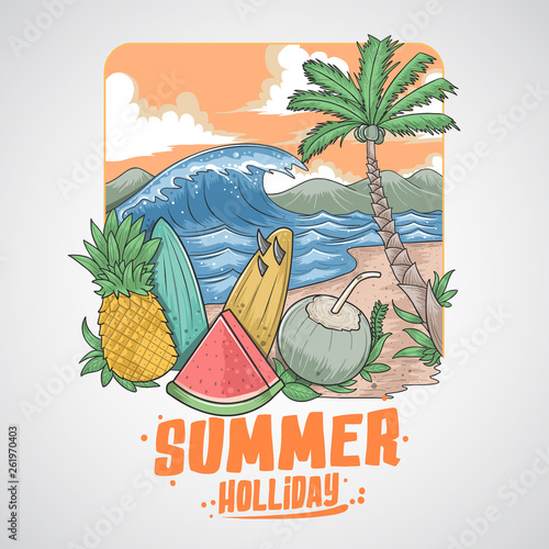 SUMMER BEACH FRUITS AND COCONUT TREE EELEMENT  VECTOR