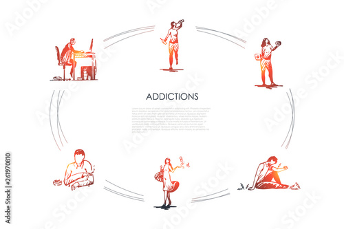 Addictions - smoking, alcoholism, drug addiction, fast food, coffee and spending money addicting vector concept set