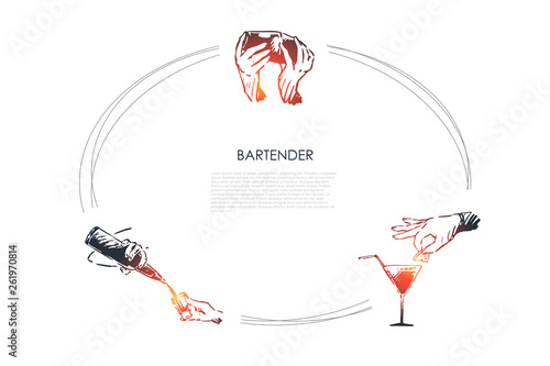 Bartender - hands of bartender shaking cocktail, putting lemon on glass, pouring drink from bottle vector concept set