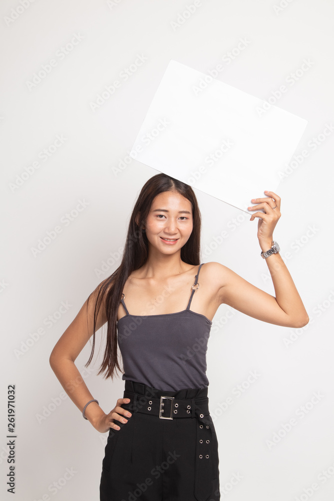 Young Asian woman with white blank sign.