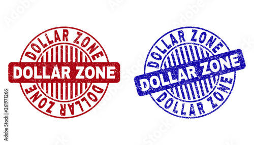 Grunge DOLLAR ZONE round stamp seals isolated on a white background. Round seals with grunge texture in red and blue colors.