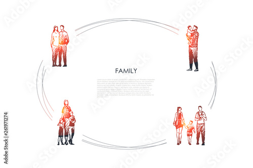Family - couple hugging each other, father holding son on hands, family walking together vector concept set