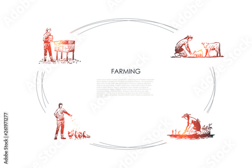 Farming - women feeding animals, picking harvest, taking care of hives vector concept set