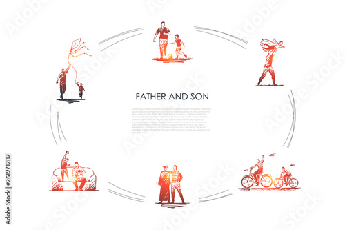 Father and son - father and son playing football, riding bicycles, kiting, playing on nature and at home vector concept set