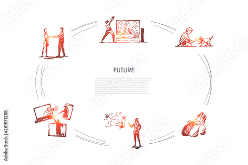 Future - boy playing with robot dog, woman having rest in cyber chair, people communication via internet, developing molecular and digital technologies vector concept set