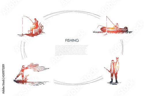 Fishing - fisherman casting net, fishing rod, catching fish, sitting on boat vector concept set