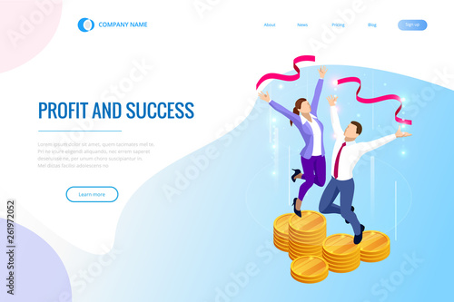 Isometric profit, fortune and success, successful investment concept. Man and woman is glad a lot of money, success, good luck.