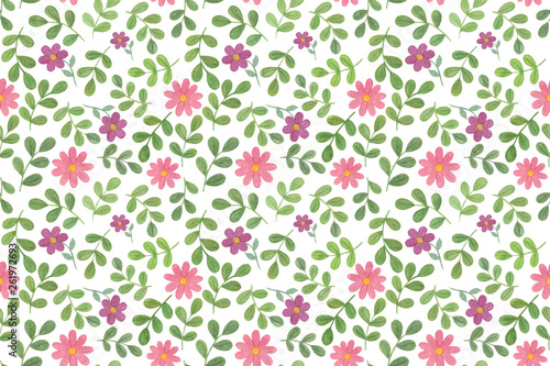 Watercolour hand drawn leaves and rose and purple flowers on the white background. Seamless pattern for different purposes