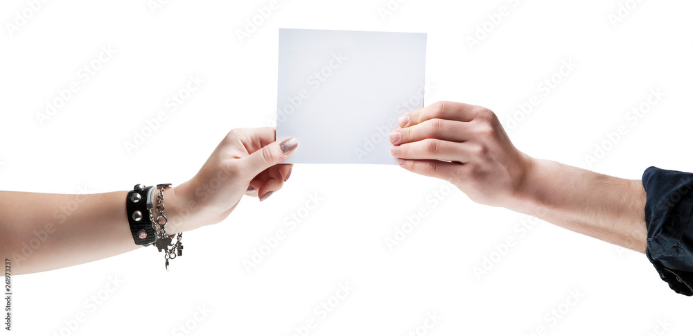 Hands holding, delivering blank piece of paper Hands holding, delivering blank piece of paper