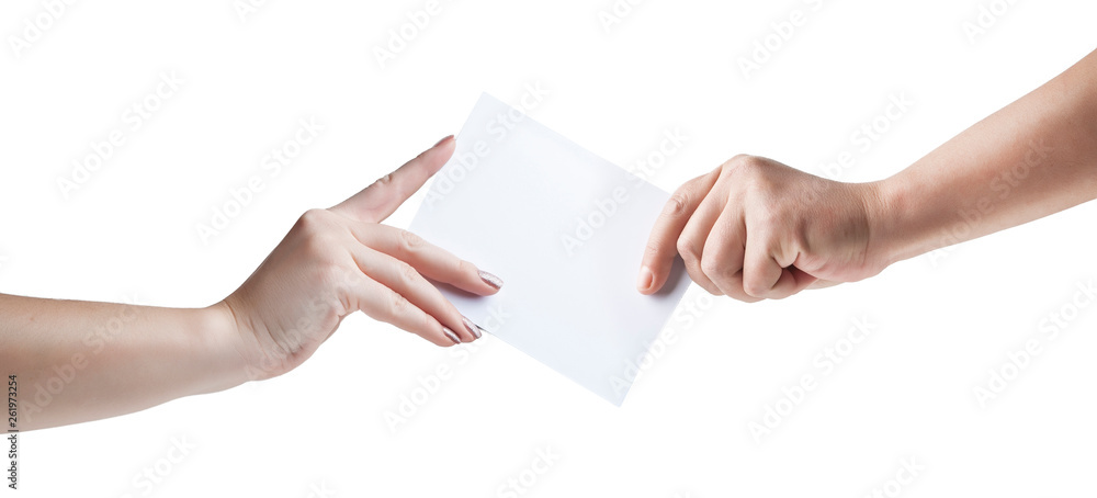 Hands holding, delivering blank piece of paper Hands holding, delivering blank piece of paper