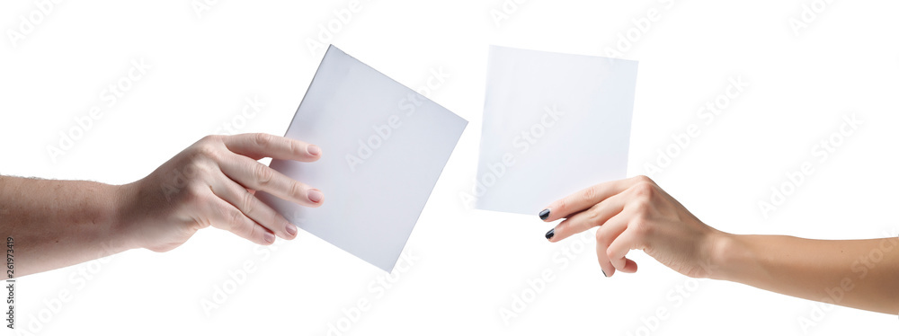 Obraz premium Hands holding, delivering blank piece of paper