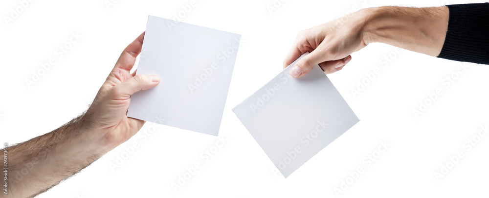Obraz premium Hands holding, delivering blank piece of paper