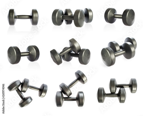 Collection of fitness grey dumbbells isolated on white