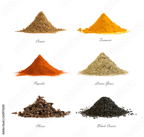 Collection of different spices isolated on white