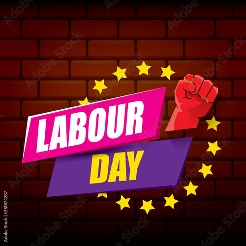 Happy labour day vector label with strong orange fist on red brick wall background. vector happy labor day background or banner with man hand. workers may day poster