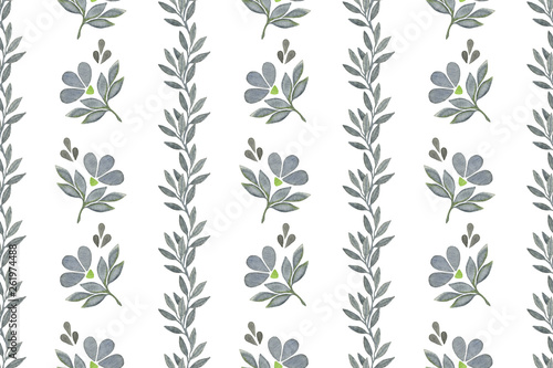 Simple grey fantasy flowers and leaves, abstract floral design, hand drawn botanic set, floral watercolor illustration, seamless pattern with parallel ornament © Contes de fée 