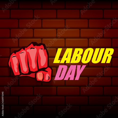 Happy labour day vector label with strong orange fist on red brick wall background. vector happy labor day background or banner with man hand. workers may day poster
