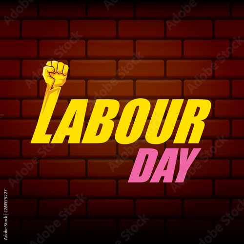 Happy labour day vector label with strong orange fist on red brick wall background. vector happy labor day background or banner with man hand. workers may day poster