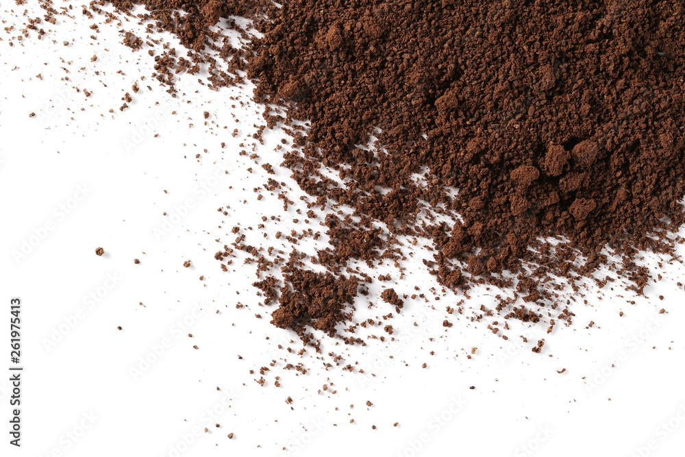 Ground, milled coffee for espresso isolated on white background, top view Ground, milled coffee for espresso isolated on white background, top view