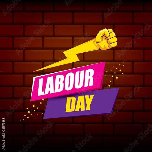 Happy labour day vector label with strong orange fist on red brick wall background. vector happy labor day background or banner with man hand. workers may day poster