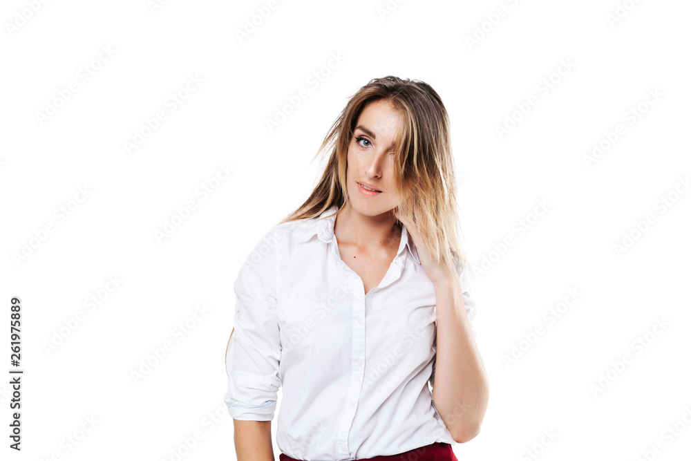girl in a white shirt and burgundy skirt on an isolated white background, with a disheveled hairstyle girl in a white shirt and burgundy skirt on an isolated white background, with a disheveled hairstyle
