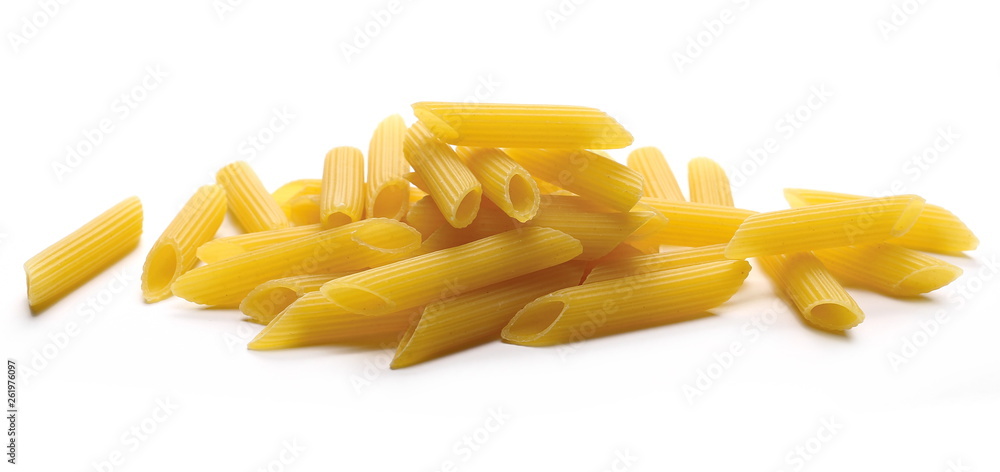 Penne rigate pasta pile isolated on white background Penne rigate pasta pile isolated on white background