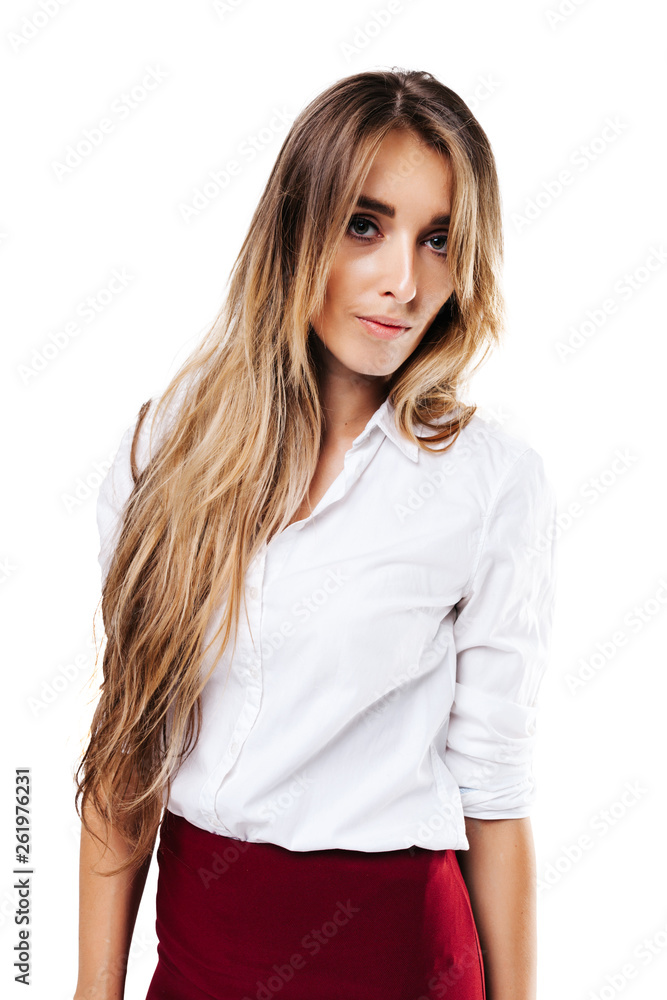girl in white shirt and burgundy skirt on an isolated white background, looking at the camera girl in white shirt and burgundy skirt on an isolated white background, looking at the camera