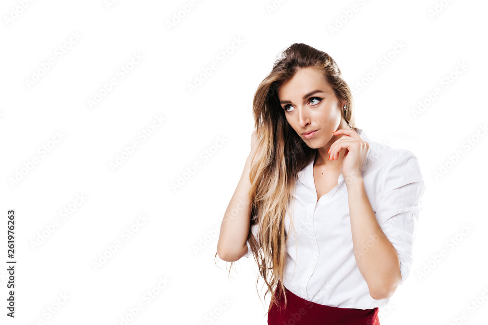 girl in white shirt and burgundy skirt on an isolated white background, looks away girl in white shirt and burgundy skirt on an isolated white background, looks away