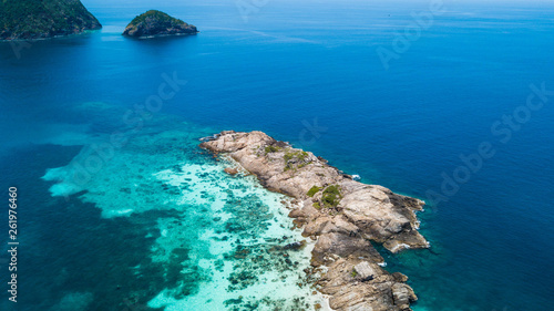Pulau Tokong Kemudi and Pulau Dara Kecil aerial view. Small islands close to Perhentian Island, beautiful water to snorkelling
