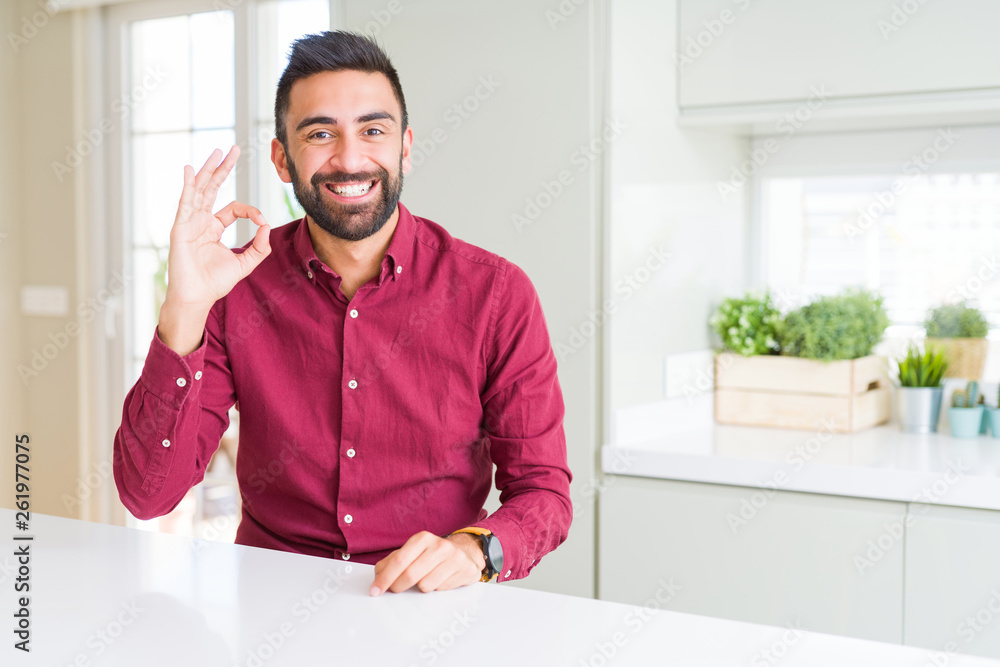 Handsome hispanic business man smiling positive doing ok sign with hand and fingers. Successful expression. Handsome hispanic business man smiling positive doing ok sign with hand and fingers. Successful expression.