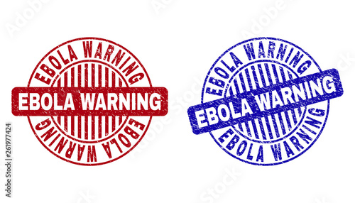 Grunge EBOLA WARNING round stamp seals isolated on a white background. Round seals with grunge texture in red and blue colors.