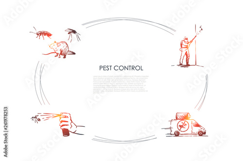 Pest control - mouse, spray and special worker struggling with pest vector concept set