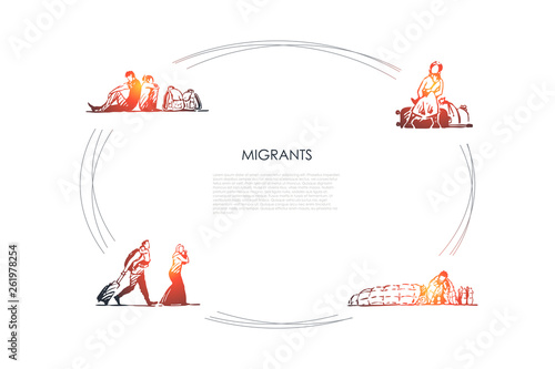 Migrants - people with bags migrating and sitting on streets vector concept set
