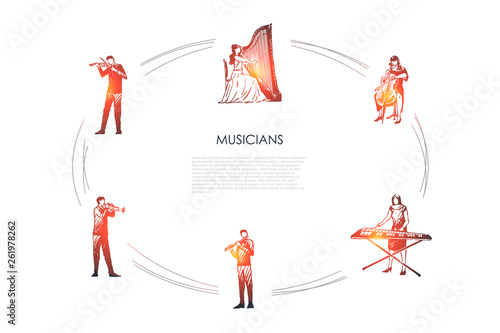 Musicians - violinist, harpist, cellist, xylophone player, flutist, bassoonist vector concept set