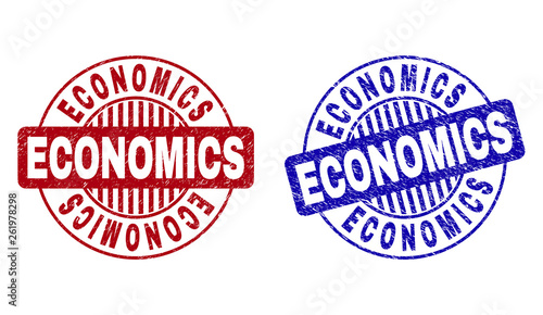 Grunge ECONOMICS round stamp seals isolated on a white background. Round seals with grunge texture in red and blue colors. Vector rubber watermark of ECONOMICS label inside circle form with stripes.