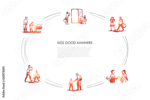 Kids good manners - boy helping girl to carry bag, giving piece of food, helping old people to walk, sit and carry bags vector concept set