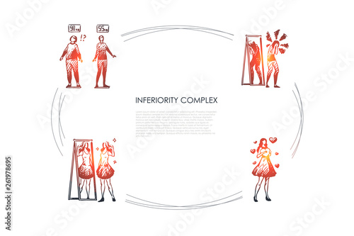 Inferiority complex - women with inferiority complex not satisfied with weight and appearance vector concept set