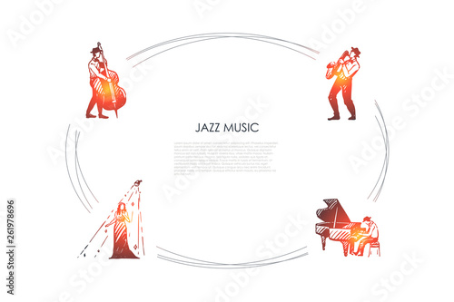 Jazz music - cellist, saxophonist, pianist and singer vector concept set