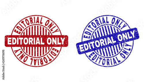 Grunge EDITORIAL ONLY round stamp seals isolated on a white background. Round seals with distress texture in red and blue colors.