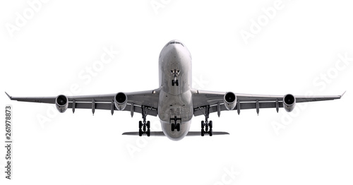 The white four jet engines airline plane take off