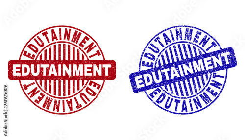 Grunge EDUTAINMENT round stamp seals isolated on a white background. Round seals with grunge texture in red and blue colors.