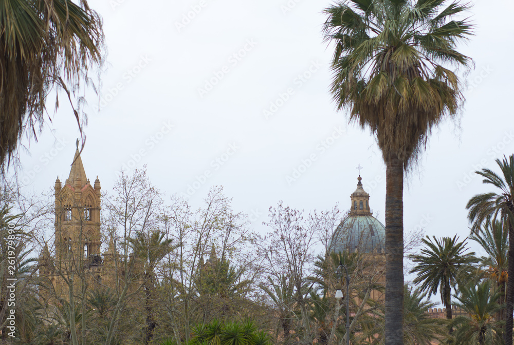 View on Palermo Cathedral through Palm trees from a distance