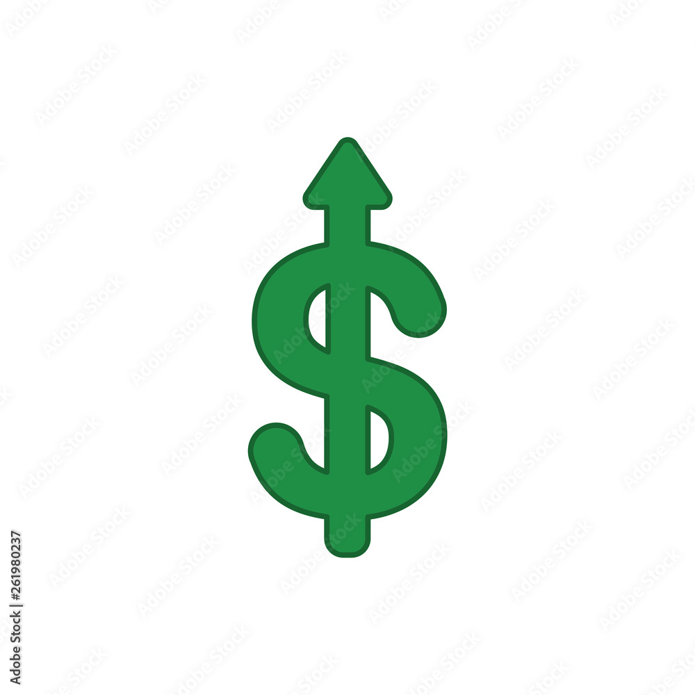 Flat design style vector concept of dollar symbol icon with arrow pointing up on white. Colored outlines. Flat design style vector concept of dollar symbol icon with arrow pointing up on white. Colored outlines.